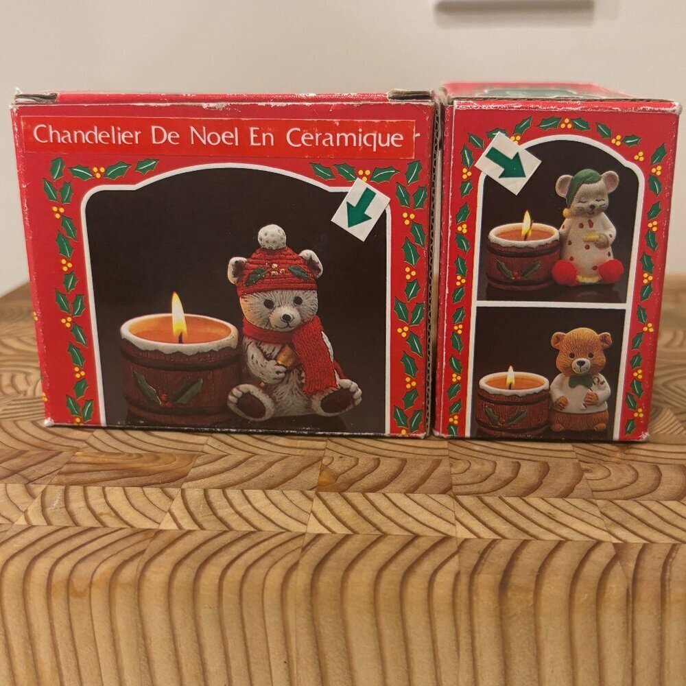 Ceramic Candle Holder Teddy Bear & Mouse - Set of 2 Vintage Votive Holders
